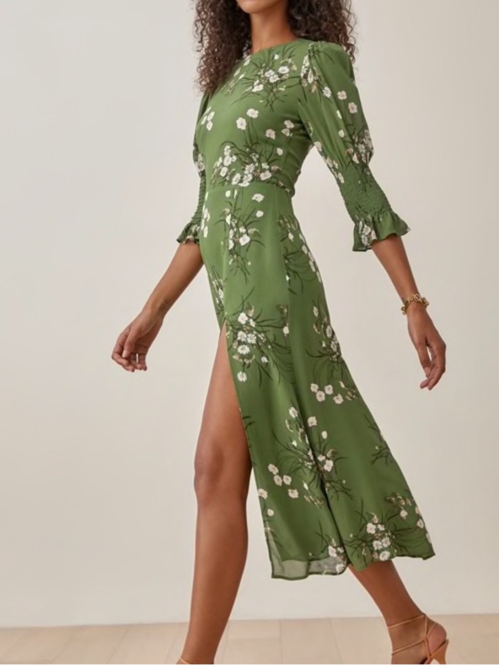 Reformation Carolena Olive Green Floral Midi Dress with Side Slit